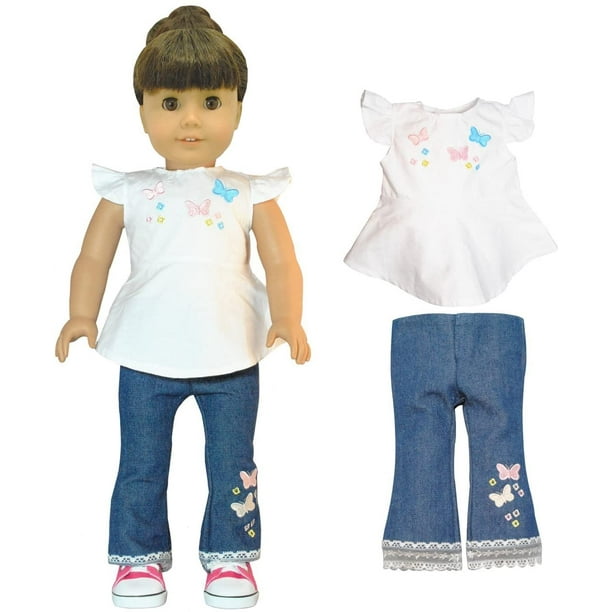 Doll Clothes 18" Pants Jeans Top White Floral Embroidered Brittanys Fit AG Dolls